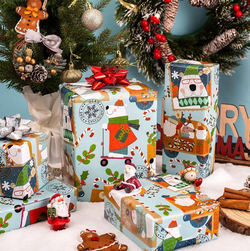 MAYPLUSS Christmas Metallic Foil Shine Gift Wrapping Paper - 17 Inch X 33 Feet - Cute Polar Bear on Scooter, Snowman, Candy Cane and Deer Pattern Gift Wrap Present Paper Roll for Winter, Holiday - Image 5